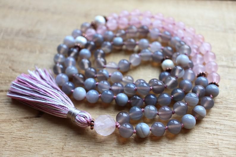 Cuentas Mala de ágata gris y cuarzo rosa, collar 108 Mala, mala anudada, collar WWG, joyería de yoga, cuentas de meditación, joyería espiritual, joyería bohemia, 34inch, Gema