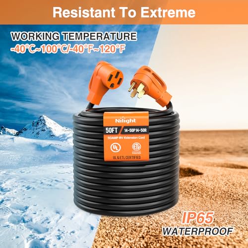 Image of Nilight 50FT 50 Amp RV Extension Cord with Adapter 30Amp to 50Amp 250V Heavy Duty 6 /3+8 /1 Gauge Pure Copper STW Wire UL ETL Listed 4 Prong 14-50P 14-50R Weatherproof Suit for Generators Camper