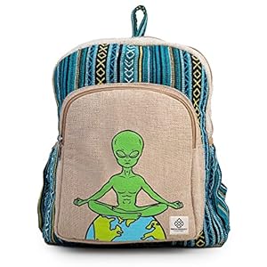 Meditating Alien Hemp Backpack Bag – Eco Friendly Hippie Yak Design Durable Functional Traveling Hiking Friendly Casual Daypack Bag by Freakmandu
