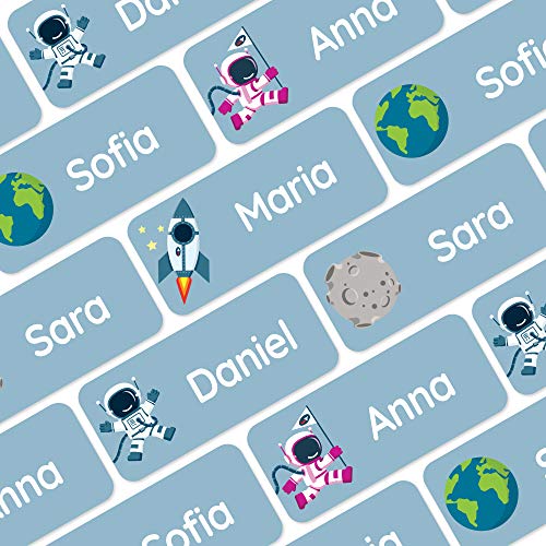 Klebekerlchen® Namensaufkleber für Kinder (60 Stück), Kleidung & Gegenstände Namensschilder personalisiert und waschmaschinenfest, Schule und Kindergarten - Weltraum - Blau