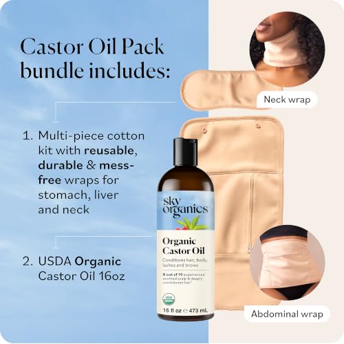 Image of Sky Organics - Organic Castor Oil Pack Wrap Set - 16oz Castor Oil Organic, Adjustable Neck & Body Wraps, Body Wipes - for Liver Detox, Constipation Relief, Skin Care, Muscle Pain - Self Care - Beauty