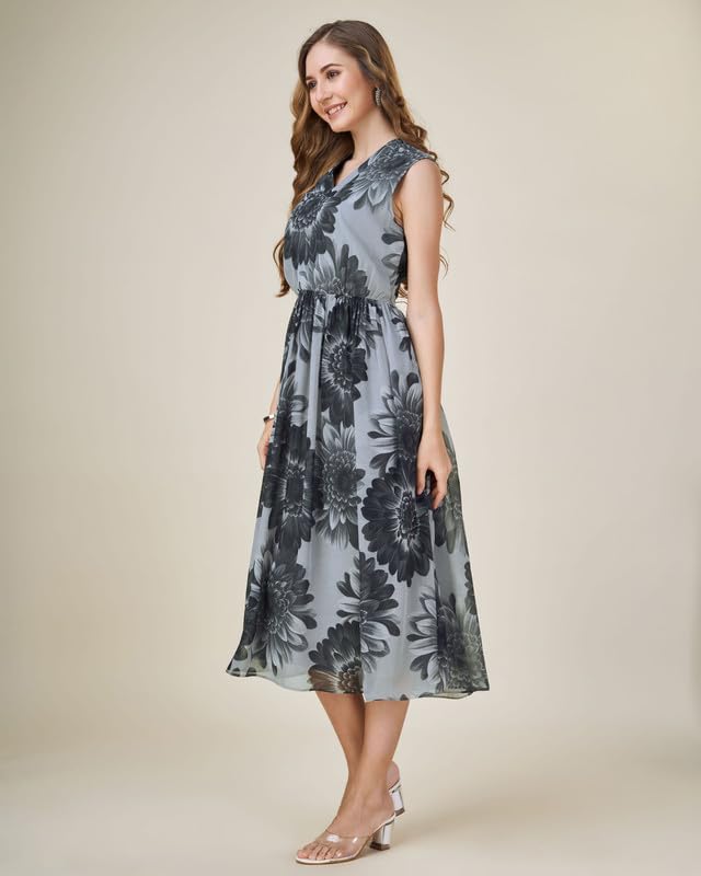 Image of MOJILAA Women's Georgette Floral Printed Gathered Dress