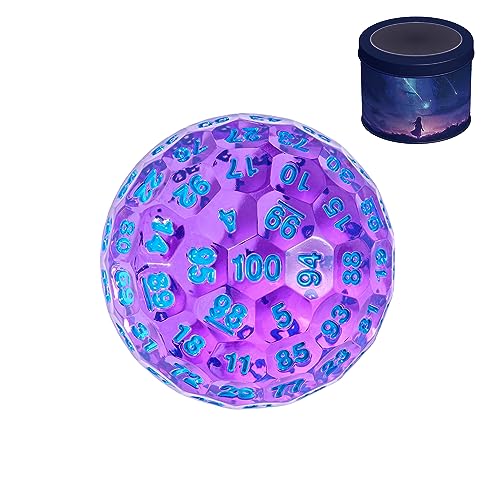 Poludie Upgraded D100 Die - 100 Sided Polyhedral Dice 50mm for D&D Games - Single Cube With Metal Storage Tin (T Purple/Blue Font)