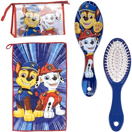 Paw Patrol - Beauty case per toilette da viaggio con pettine, asciugamano e borsa di Paw Patrol - Paw Patrol per viaggio o scuola, Rosso e blu, Beauty case trasparente con chiusura a zip