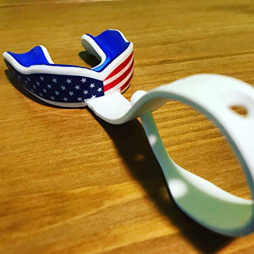 Image of Oral Mart American Flag Strapped Sports Mouth Guard (Ice Hockey, Football, Lacrosse, Taekwondo) - Mouthguard with Connected Strap for Football, Hockey, Lacrosse (with Free Case)