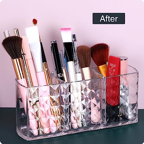 Image of MOSIKER Makeup Brush Holder for Vanity,Acrylic Clear Small Compact Nail Hair Lip Liner Brush Pen Organizer with 3 Slots