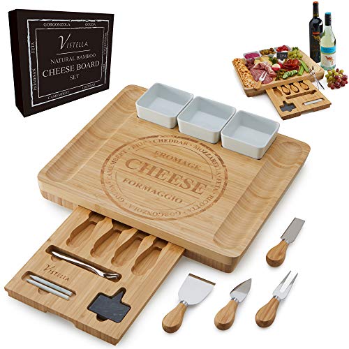 🔥 Vistella Charcuterie Cheese Board - Natural Bamboo Platter with drawer and Ceramic Bowls - Knives and Forks Set with Chalk Signs - Thicker Wider and Modern