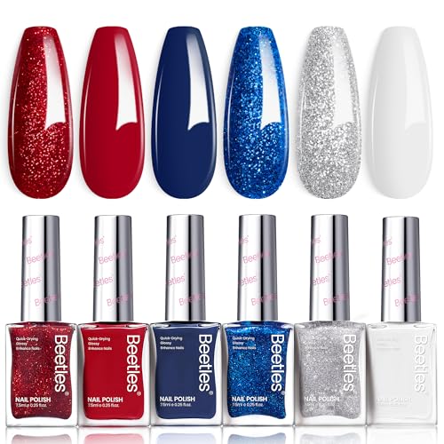 Beetles 4th of July Nail Polish - Starlight Stripes with Star Sticker, 6 Colors Red White and Blue Nail Polish Set Sparkle Glitter Fingernail, Quick Dry Long Lasting DIY Red White and Blue Nails Art