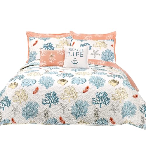 Lush Decor Coastal Reef Feather Reversible Quilt Set, 7 Piece Set, King, Blue & Coral - King Bedding Set Quilted - Coastal Decor - Beach House - Beachy Room - Image 8