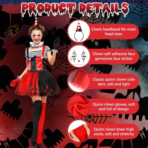 5 PCS Halloween Clown Costume Accessories Women, Clown Hat Headband Gloves Face Gems Harlequin Socks Tutu Skirt - Image 3