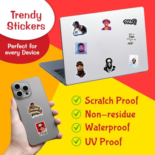 Image of Pack of 52 - Hip Hop Rappers Vinyl Self-Adhesive Stickers For Laptop, Journal, Guitar, Mobile Phone - Waterproof Residue Free Stickers - Tupac, Mc Stan, Eminem, Divine, 5.1x7.6x5.1cms