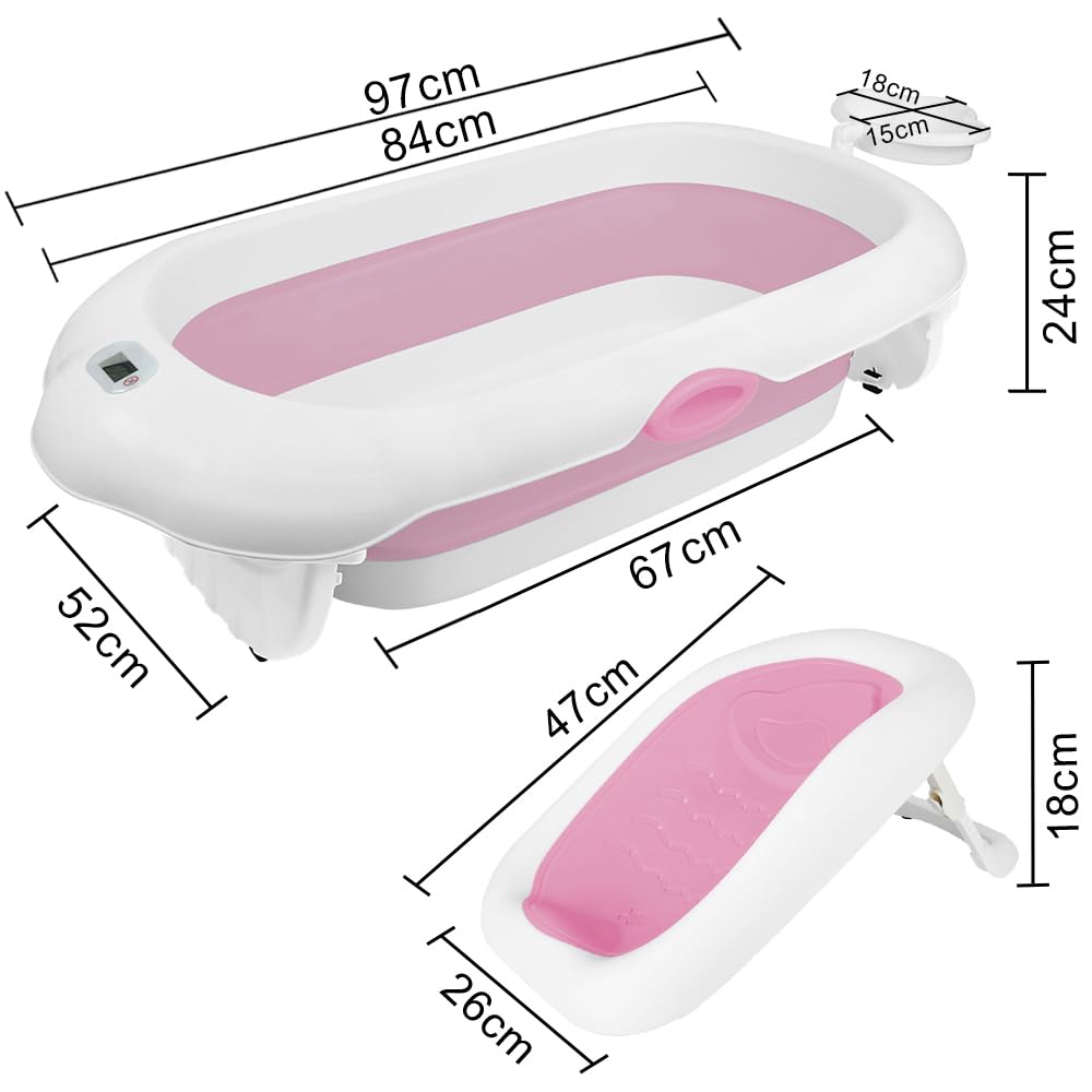 Homewell - Bañera para bebé plegable con cojín de baño para bebé y termómetro integrado, viaje, cuenca para bebé, bañera infantil, regalo de nacimiento, 97 x 52 x 24 cm (rosa)