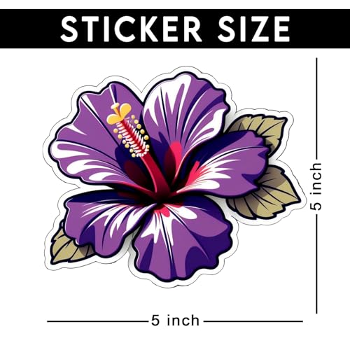 Image of Purple Hibiscus Flower Sticker Tropical Floral Vinyl Decal Waterproof Aesthetic Purple Flower Sticker for Laptop Water Bottle Car Bumper Notebook Scrapbook Gift