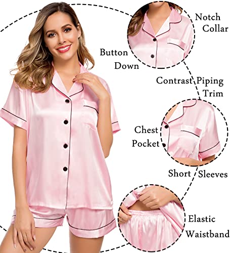 Image of LecGee Womens Silk Satin Pajamas Short Sleeve Loungewear Two-Piece Sleepwear Button-Down Pj Set