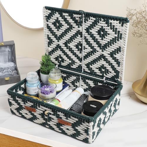Image of Kaahira Handmade Decorative Storage Box and Organiser | Macrame Gift Hamper Box for Cosmetics, Toiletries & Return Gifts | Aesthetic Rope Woven Organizer (Green and White, Medium - 10x8x4 inches)