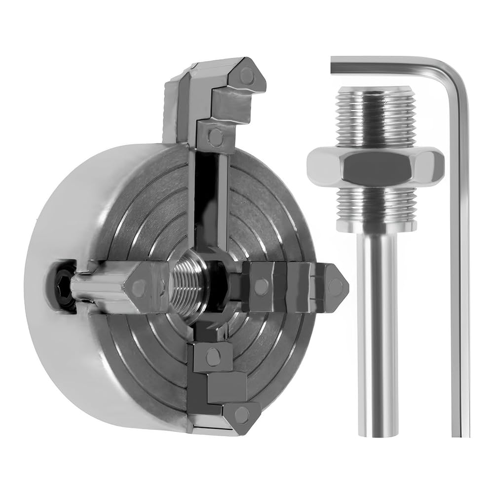 Feyoalix 4 Jaw Lathe Chuck, Zinc Alloy Lathe Chuck Set Silver Sturdy with Wrench and Connecting Rod,for Woodworking Lathes