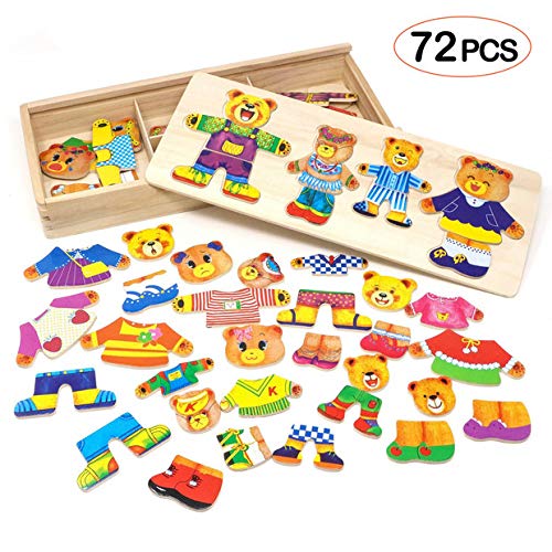 Lewo 72 Pieces Wooden Puzzle Toys for Boys Girls Bear Family Dress Up Puzzle Games with Storage Case
