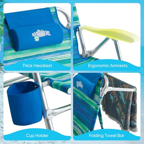 Old Bahama Bay Beach Chairs for Adults, 7-Position Classic Lay Flat Beach Chair Reclining Beach Chair, Portable Aluminum Backpack Beach Chair with Towel Bar & Cooler Bag - image 8