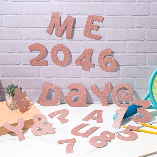 Image of Colarr 216 Pcs Glitter Bulletin Board Letters for Classroom Number Alphabet Punctuation Symbol Cutout 4'' Die-Cut Poster Letter with Adhesive Dot School Party Holiday Decor Display(Rose Gold)