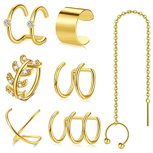 Longita Gold Ear Cuff Earrings for Women Non Pierced Ear Ear Cuff Chain Stainless Steel Clip On Non Piercing Cartilage Earring Dainty Crossed Flower Minimal Conch Jewelry Sparkling