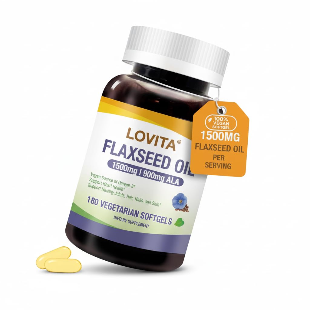 - LOVITA Vegan Flaxseed Oil 1500mg with 900mg ALA Omega-3 6 9, Cold-Pressed Flax Seed Supplement, Support Heart, Brain, Joint & Skin Health, Non-GMO & Gluten Free, 180 Softgels