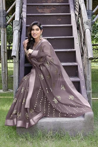 Image of MIRCHI FASHION Women Saree Cotton Blend 2-Tone Foil Print | Lightweight Comfortable Office Wear Sari with Blouse Piece