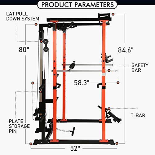RitFit Power Cage with LAT Pull Down and 360° Landmine, 1000LB Capacity Power Rack Full Home Gym for Weightlifting, Come with J-Cups,Dip Bars and Other Attachments