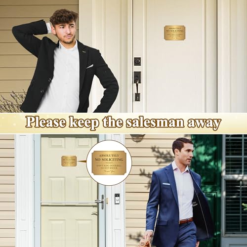 Image of No Soliciting Sign for Front Door,Self-Adhesive Elegant Brushed Gold Do Not Knock or Ring Doorbell No Soliciting Sticker for Home, No Solicitors Sign for Doorbell, House Door, Office 5.9 inchx 3.9 inch
