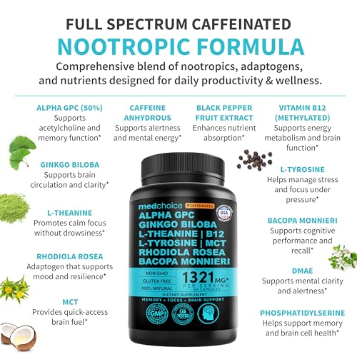 12-in-1 Nootropic Brain Supplement with Caffeine Anhydrous: Ginkgo Biloba for Brain Support, Memory and Focus - B12, Alpha GPC, L Theanine and Choline Supplements with Bioperine with 1321mg (60ct)