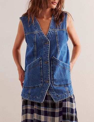 Zontroldy Women's Denim Vest V Neck Button Down Sleeveless Jeans Jacket Outerwear Vests with Pockets2