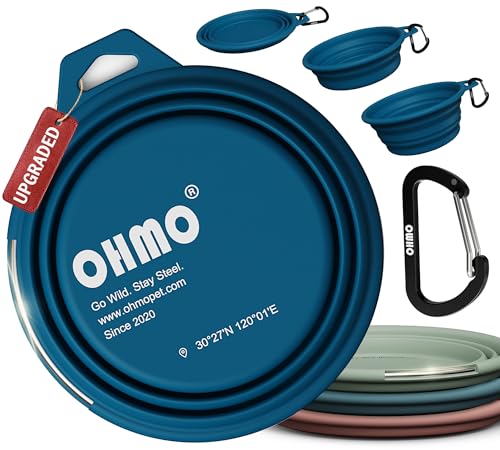 OHMO Ciotola Cane Portatile con Anello Acciaio Inox (800ml, Blu Pavon), Ciotola Pieghevole in Silicone per Cani Medi e Grandi, Accessorio Viaggio Camping