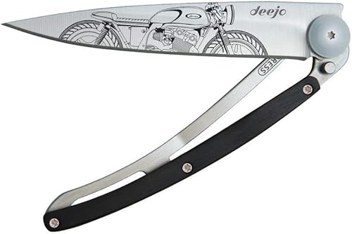 deejo - Navaja de bolsillo plegable ultraligera con clip para cinturón - Versión Ebony 1.3 OZ - Hoja fina y afilada - Patrón Café Racer - Acero