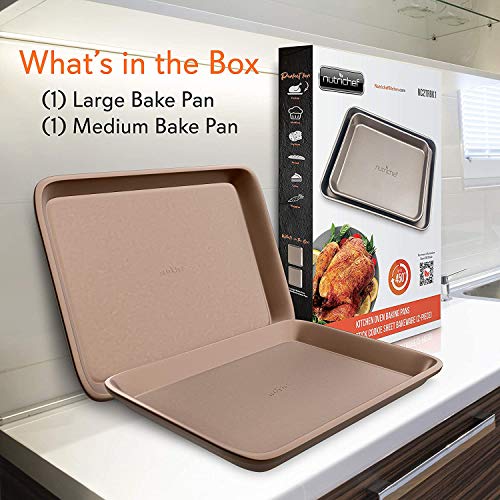 Nutrichef Nonstick Cookie Sheet Baking Pan | 2Pc Large And Medium Metal Oven Baking Tray - Professional Quality Kitchen Cooking Non-Stick Bake Trays W/ Rimmed Borders, Guaranteed Not To Wrap #TOP6