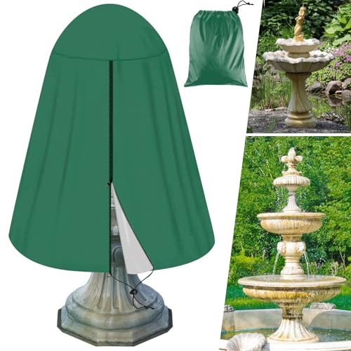 Tryitsbest 36 x 42 Fountain Cover 420D Oxford Cloth Garden Fountain Statue Cover with Silver Coating Waterproof Fountain Protector with Drawstring for Winter Outdoor Patio Fountain (Dark Green)