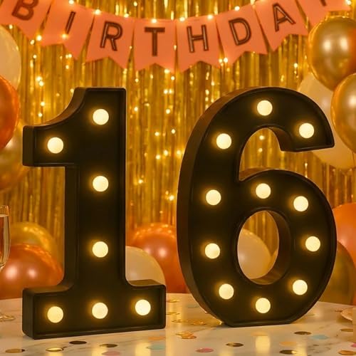 Image of 16th Birthday Decorations for Girls and Boys, Black Light-Up Number 16 Sign, Battery-Operated Illuminated Party Table Decoration Backdrop Wall Decor Sweet 16 Party Decorations ZJDZTK