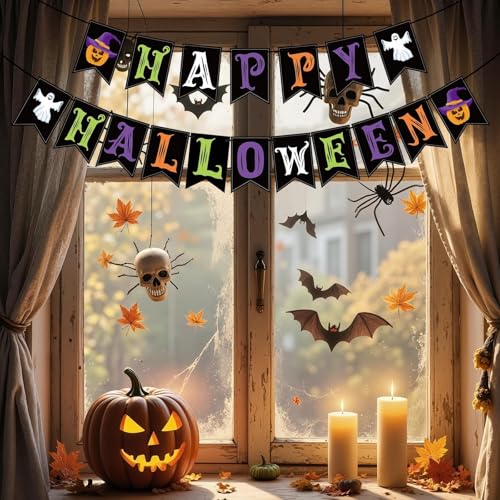 Image of OLANRUN Halloween Decorations Indoor for Party, Happy Halloween Banner Decor, Scary Hanging Banner with Pumpkin Ghost Decorations for Office Home Room Mantel Bedroom Wall, Pre-Assembled