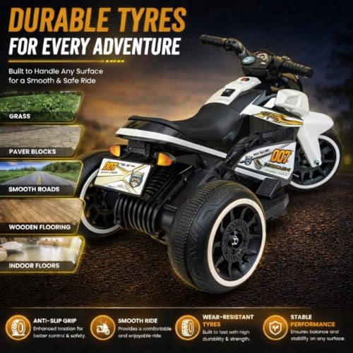 Image of MEKASHI 6V Electric Ride-On Bike for Kids | Storm White | Battery Operated Motorcycle with Bluetooth Music, LED Headlight, Foot Accelerator & Training Wheels | Ride-On Toy for Boys & Girls 1-4 Years