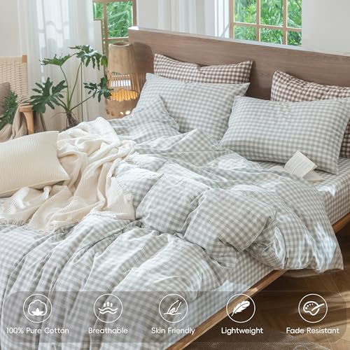 Image of MooMee Gingham Duvet Cover Set 100% Washed Cotton Linen Like Textured Breathable Durable Soft Comfy Modern Checkered Design (Northern Droplet Grey Gingham, Cal King 104 inchx98 inch)