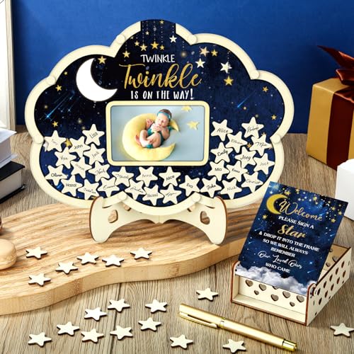 Image of Wenqik 63 Pcs Moon and Star Baby Shower Guest Book Alternatives Set Baby Shower Decorations with Photo Frame Sonogram Frame Keepsake 60 Wood Slices Guest Book for Birthday