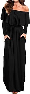 Kidsform Women's Off The Shoulder Maxi Dress Long Sleeve Floral Ruffle Party Side Split Beach Dresses with Pockets