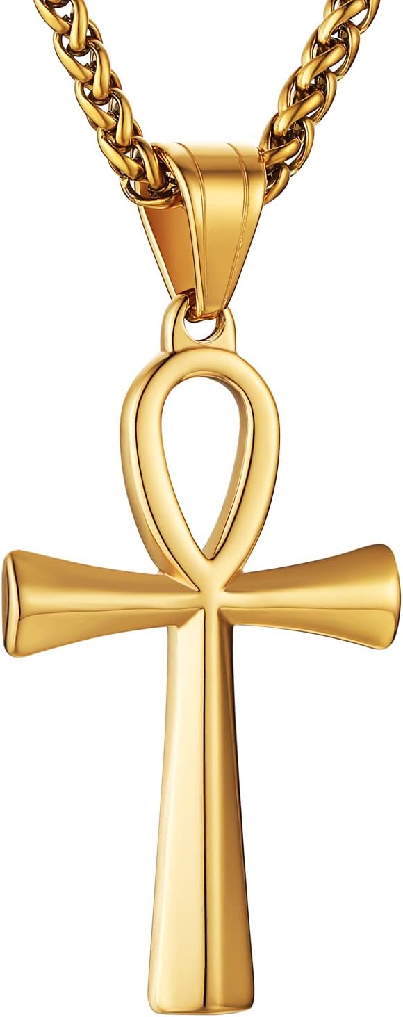 HZMAN Men's Stainless Steel Coptic Ankh Cross Religious Pendant Necklace, 22+2" Rope Chain