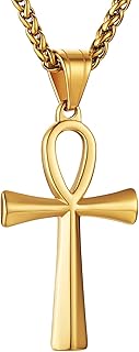 Men's Stainless Steel Coptic Ankh Cross Religious Pendant Necklace, 22+2" Rope Chain