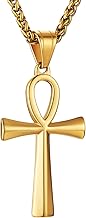 HZMAN Men's Stainless Steel Coptic Ankh Cross Religious Pendant Necklace, 22+2" Rope Chain