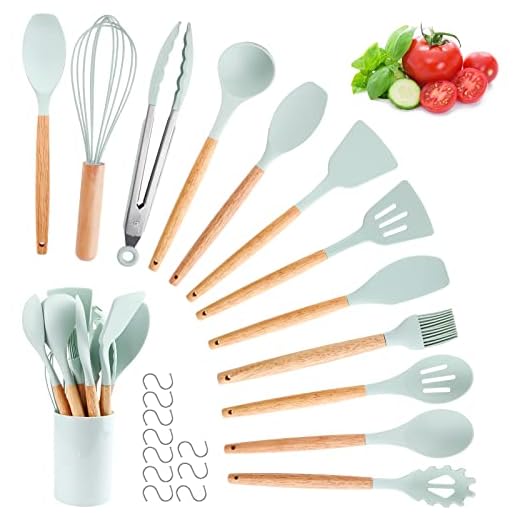 Utensilios Cocina de Silicona, hicoosee 22 Piezas Juego Utensilios de Cocina de Silicona con Mango de Madera para Utensilios, Sin BPA Resistentes al Calor y Antiadherentes con 10 S Ganchos, Verde