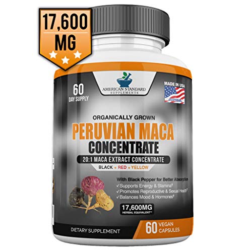 Maca Organic Powder - 17,600 miligram Per Capsule - Black, Red, Yellow Root Peru Grown with Black Pepper Extract for Absorption Increase Energy, Stamina, Libido, Mood, Hormone - 60 Vegan Capsules