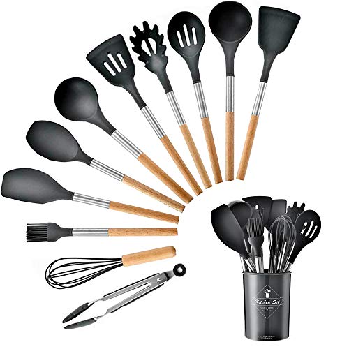 Caliamary Cooking Utensil Set, 11 Pieces Non-stick Heat Resistant Kitchen Silicone Utensils with Holder, Wooden Handles, Turner Tongs Spatula Spoon Whisk Brush Kitchen Gadgets Set (Black)