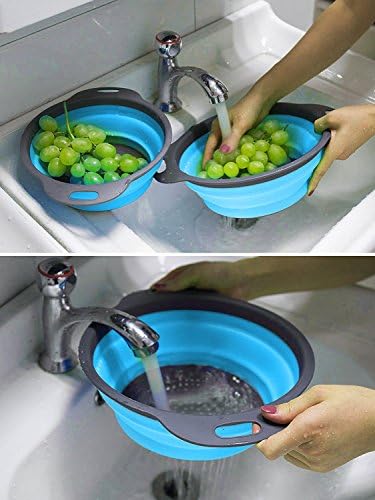 Diealles Colander Food Strainers, 2PCS Collapsible Colanders Vegetable Fruit Basket Kitchen Collapsible Silicone Strainer for Kitchen Accessories Gadgets Set(Blue)