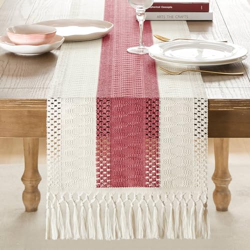 Image of ZeeMart Macrame Style Bicolor Stitching Table Runner, 14 x 48 Inch Dusty Rose /Ivory, Boho Table Runners 48 Inches Long, Farmhouse Woven Home Decor