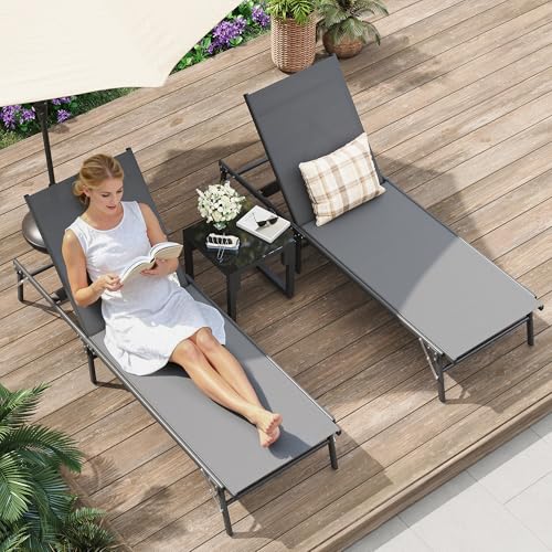 Image of Amopatio Foldable Patio Lounge Chairs Outdoor Portable Pool Chaise Lounge Set of 2 with Side Table for Outside, Weather Resistant, 5-Position Adjustable Backrest, 400 LBS Capacity,Gray