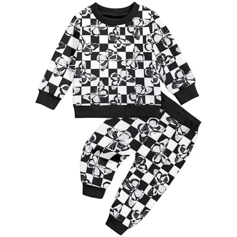 Qaoerde Baby Girl Clothes 12-18 Months Girl Clothes Butterfly Print Checkered Sweatshirt Jogger Pants Baby Girls' Clothing Baby Girl Fall Outfits Baby Girl Winter Clothes Black Cover